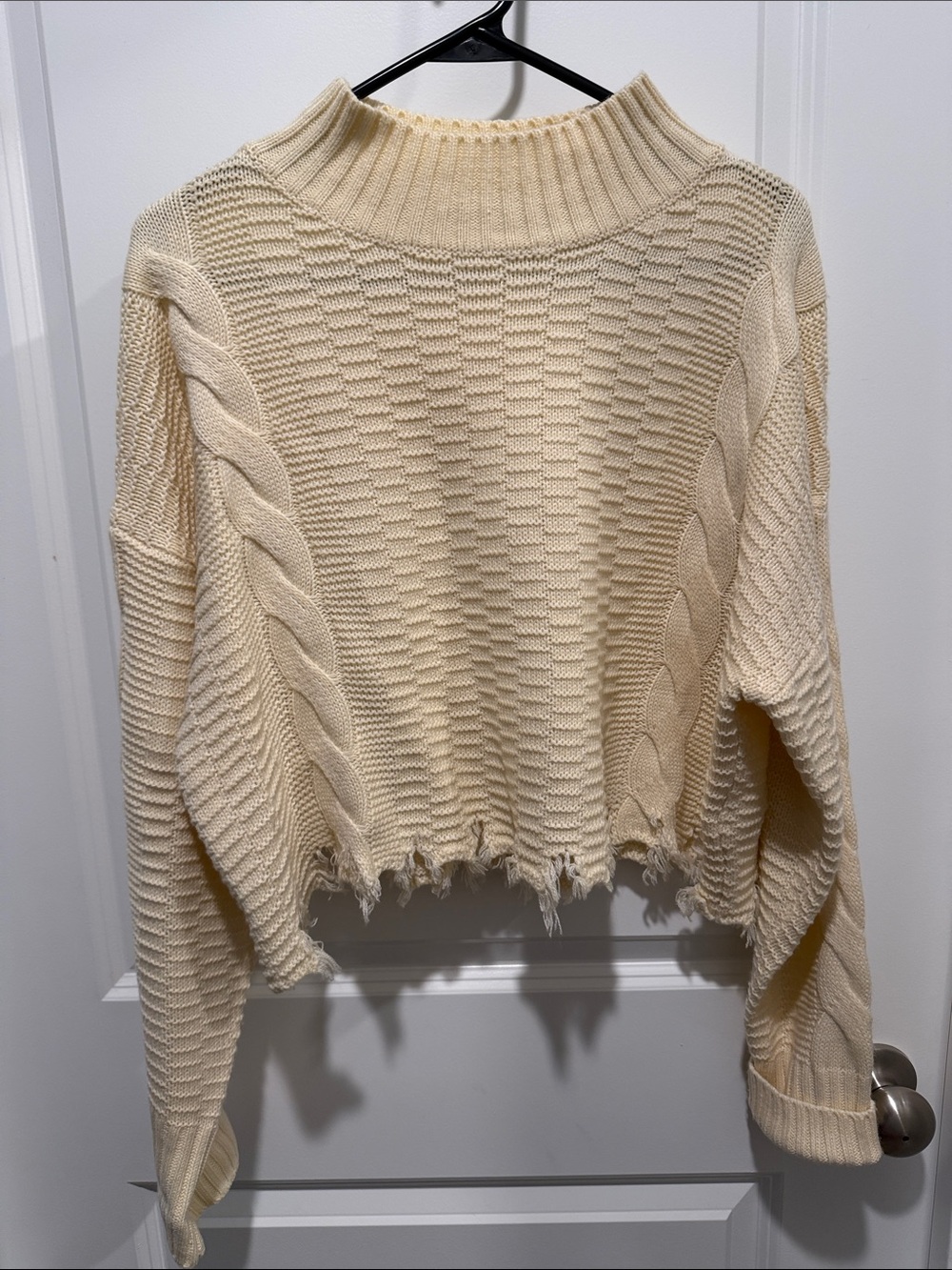 SHEIN Cream Distressed Cable-Knit Turtleneck Sweater